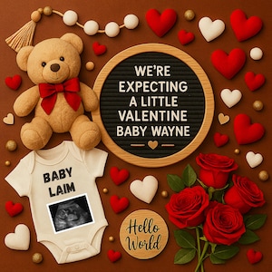 Valentine Digital Pregnancy Announcement, Little Valentine On The Way Gender Neutral, Boho Baby Reveal Template, February Baby Announcement