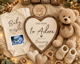 One More to Adore Pregnancy Announcement, Sibling Announcement, Boho Neutral Spring Baby, Editable Template, 2nd 3rd 4th Baby Reveal