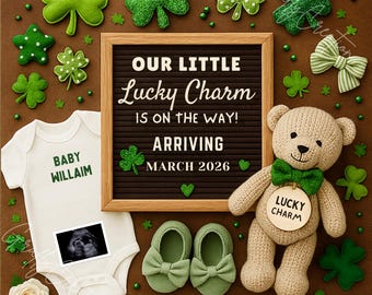 Plantilla de anuncio de bebé Lucky Charm / Anuncio de embarazo para el Día de San Patricio / Noticias neutrales editables en Canva para padres y abuelos