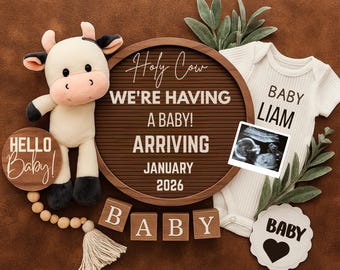 Cow Pregnancy Announcement Digital  Western Baby Announcement Editable Pregnancy Social Media Template Gender Neutral Baby Reveal Holy Cow