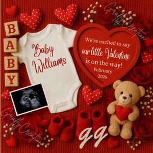 Sjabloon babyaankondiging Valentijn | Bewerkbare zwangerschapsonthulling | Neutrale baby-onthulling voor sociale media | Verwacht in februari 2025