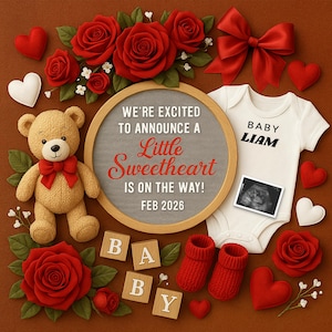 Valentine Digital Pregnancy Announcement, February Baby Announcement, Boho Baby Reveal Template, Little Valentine On The Way Gender Neutral