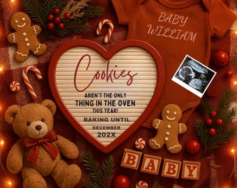 Anuncio de embarazo navideño editable / Revelación de bebé con galletas horneadas / Revelación de embarazo navideña con estilo bohemio neutro / Plantilla digital de Canva