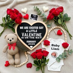 New Year Valentine Pregnancy Announcement | Digital Baby Reveal Template | February Due Date | Neutral Baby Announcement Canva