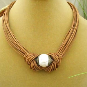 Tibet Conch Shell & Brass Bead Pendent with 18 Strand Leather Choker Necklace - Boho - Layering