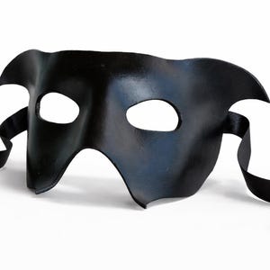 handmade black leather Halloween mask with ribbon ties shown in a clean 3/4 view on a white background