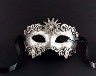 Masquerade Mask Sun, Masquerade Mask for Man, Man Masquerade Mask, Silver Masquerade Mask, Mask for Man, Venetian Mask, Half Face Mask