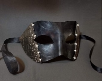 Mens Masquerade Mask, Black Leather Mask, Halloween Mask, Masquerade Mask With Studs, Leather Masks, Venetian Mask, Black Leather Mask