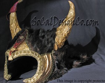 Warrior Headdress Helmet with Gold Horns & Black Fur