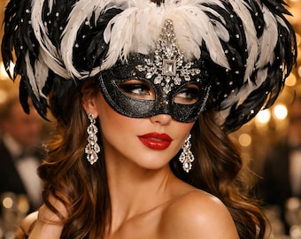 Custom Feather Masquerade Mask, Black White Extravagant Ball Costume (Commissioned)