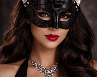 Minotaur Mask with Crystal Horns – Black Leather Masquerade Mask