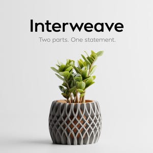 Könnte beinhalten: Eine kleine Topfpflanze mit grünen Blättern in einem grauen, gemusterten Topf. Der Topf hat ein Gittermuster. Der Text "Interweave" und "Two parts. One statement." stehen oben.