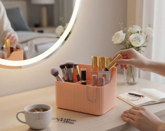 Ribbed Makeup Organizer – Modern cosmetic organizer with 6 compartments | Minimalist retro design | Bathroom & vanity holder