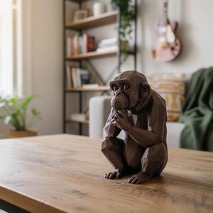 Könnte beinhalten: Eine braune, geometrische Schimpansen-Skulptur steht auf einem Holztisch. Die Skulptur ist mit kantigen Facetten versehen, was ihr ein modernes Aussehen verleiht. Der Schimpanse ist mit den Händen am Gesicht dargestellt, was auf Nachdenklichkeit hindeutet. Der Hintergrund zeigt ein Wohnzimmer.