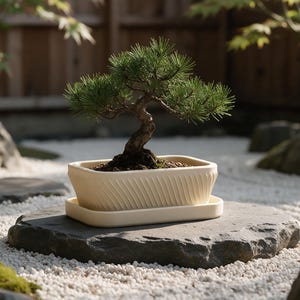 May include: A small evergreen bonsai tree with dark green needles and a curved trunk, planted in a rectangular cream-colored ceramic pot featuring a diagonal ribbed texture and a matching flat saucer base.