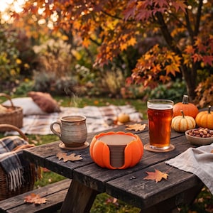 Op de afbeelding: Een stapel ronde bruine onderzetters in een feloranje pompoenvormige houder, geplaatst op een donkere houten picknicktafel naast een keramische mok, een glas met amberkleurige drank en kleine pompoenen in een herfstachtige buitenomgeving.