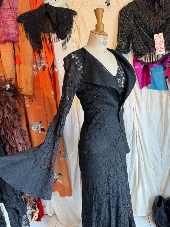 1930s Black Lace Dress and Jacket, Exquisite Fluted Sleeves