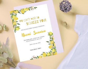 Lemon Baby Shower Invitation, We can't wait to Squeeze you, Gender Neutral Baby Shower, Citrus, Editable