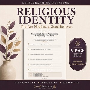 May include: A workbook titled "Religious Identity" with the text "You Are Not Just a Good Believer." The workbook includes prompts for self-reflection on religious beliefs and worth. A 9-page PDF is available for instant download.