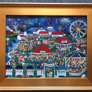 May include: A painting of a carnival scene at night with fireworks in the background. There are many tents and booths, including a Ferris wheel, a bingo tent, and a carnival ride. There are also many people walking around and enjoying the festivities.