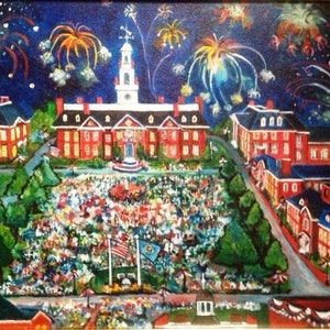 May include: A painting of a college campus at night with fireworks exploding in the sky. The buildings are red brick with white trim and there are many people gathered in the courtyard. The painting is done in a realistic style with vibrant colors.