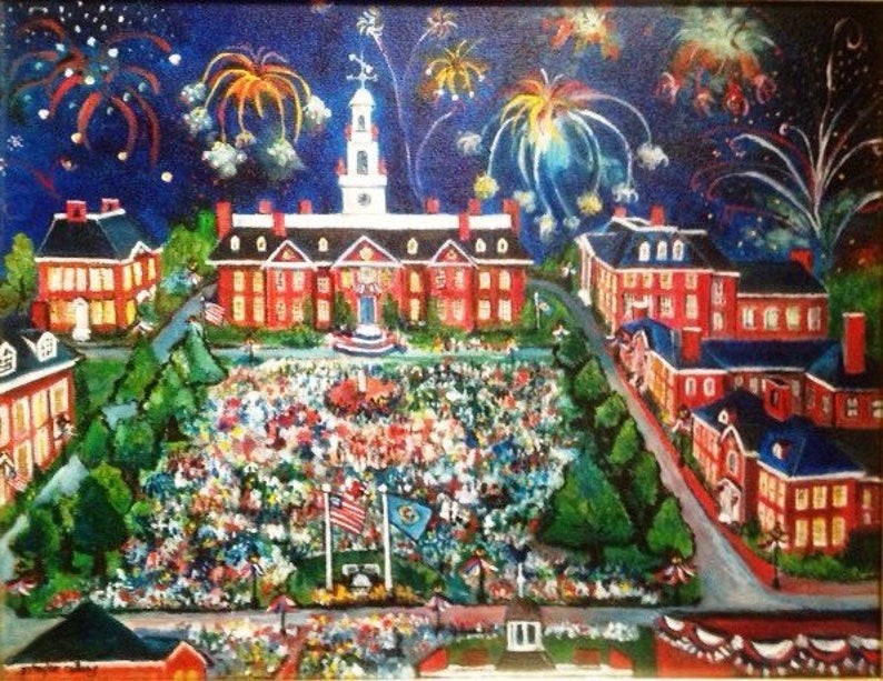 May include: A painting of a college campus at night with fireworks exploding in the sky. The buildings are red brick with white trim and there are many people gathered in the courtyard. The painting is done in a realistic style with vibrant colors.