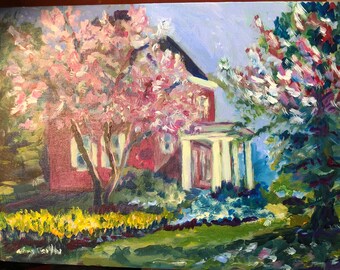 Delaware Governor&#39;s House -  Woodburn in Spring  -  Original Acrylic Plein Air painting on 12 x 16 Canvas  board by Delaware Artist N Taylor