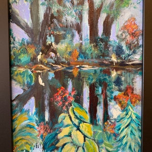 Wyoming Pond Acrylic Painting: Herons and Birds, Framed 8x10”