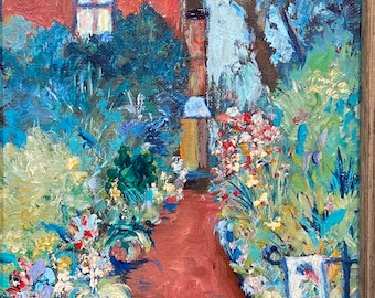 Painting “Garden Path” original acrylic 8x10” on canvas by artist N Taylor Collins. New Castle Delaware garden.