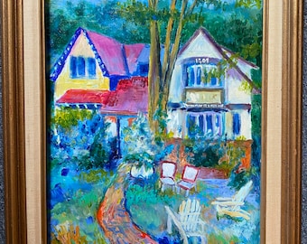 Tomorrow is a New Day - original acrylic painting 14” x 18” on canvas panel  framed of an artsy house in Arden Delaware by n taylor collins