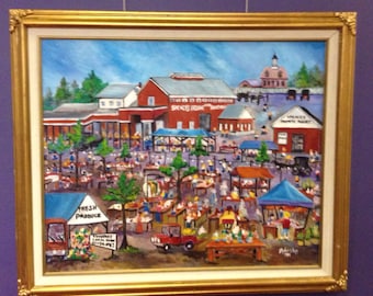 Original Folk Art Painting - The Sale Revisited - Features Spence’s Bazaar - Framed Acrylic Collector Art 20x24” on canvas in gold frame.