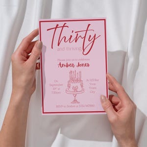 Invitación &quot;Treinta y próspero&quot; / Plantilla editable de Canva / Invitación digital para fiesta de 30 cumpleaños / Descarga instantánea / Rosa y rojo