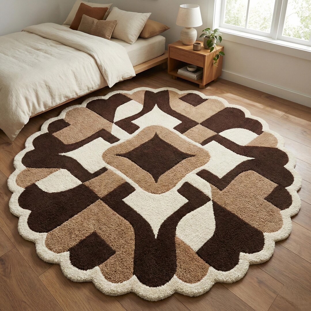 Hand Tufted Wool Rug, Scalloped Round, Brown Beige Geometric - Etsy