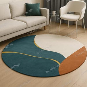 Abstract Teal & Orange Round Rug - Hand‑Tufted Modern Waves Accent Rug for Living Room 5x5 6x6 Area Rug Home Decor
