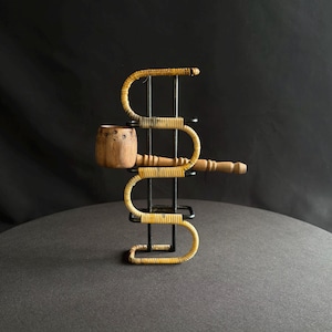 Vintage Scandinavian Metal Pipe Rack, Cane Wrapped Jewelry and Glasses Holder, Wall Mount or Freestanding Danish Organizer