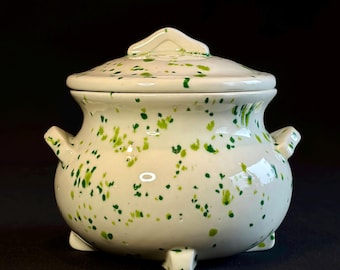 Green Speckled Studio Pottery Lidded Cauldron, Signed Emma 1997, Small Tripod Candy Dish, Cottage Kitchen Decor