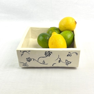 Hand-Painted White & Black Ceramic Dish, Floral Square Tray, Napkin Holder or Trinket Dish, Rubber-Footed Boho Decor image 12