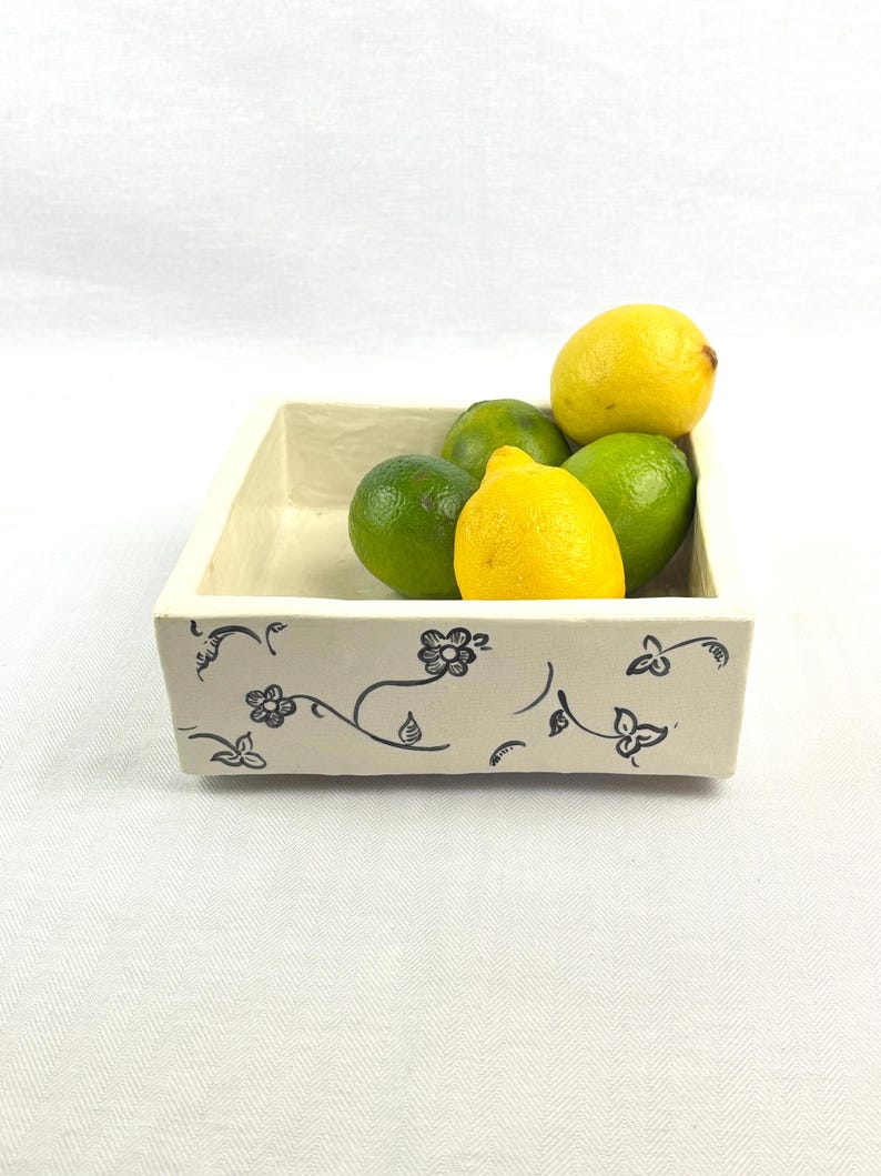 Hand-Painted White & Black Ceramic Dish, Floral Square Tray, Napkin Holder or Trinket Dish, Rubber-Footed Boho Decor image 12