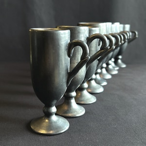 Western Airlines LAMA Oaxaca Barro Negro Coffee Cups, Set of 9, Vintage 1970s Mexican Black Pottery Pedestal Mugs