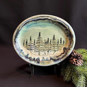 Mark Arnegard Pine Tree Pottery Platter, Signed ARNE 04, Handmade Stoneware Forest Serving Dish, Arizona Studio Pottery
