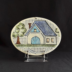Vintage Studio Pottery Cottage Tile, Signed Handmade Wall Plaque, Relief House Trivet, Folk Art Ceramic Decor, Blue Green Cottage Scene