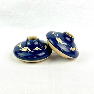 Cobalt Blue Studio Pottery Candle Holders, Signed Scott 2001, Wheel Thrown Stoneware Pair, Slip Decorated Vine, Taper Holders