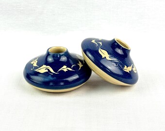 Cobalt Blue Studio Pottery Candle Holders, Signed Scott 2001, Wheel Thrown Stoneware Pair, Slip Decorated Vine, Taper Holders