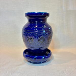 Vintage Korond Pottery Planter Set, Cobalt Blue Hungarian Folk Art, Hand-Thrown Hand-Incised Floral Ceramic, Rustic European Decor