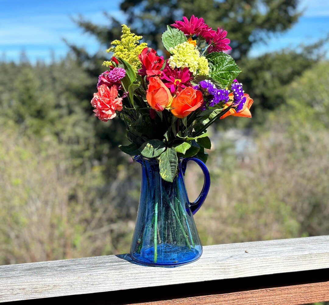 Cobalt Blue Glass Pitcher, Hand Blown Mexican Glass, Vintage Blue ...