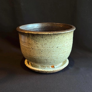 May include: A speckled, light green ceramic planter with a matching saucer. The planter has a rounded shape with a dark brown rim. The saucer is attached to the bottom of the planter. The planter is suitable for indoor or outdoor use.
