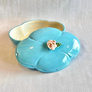 Blue Mountain Pottery Trinket Box With Rose Lid, Vintage Canadian BMP Jewelry Box, Turquoise Vanity Dish, Mid Century Dresser Box