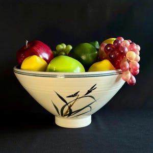 Dan Wheeler Studio Pottery Bowl, Hand Painted Bamboo Design, Signed Ceramic Serving Bowl, Artisan Stoneware, Minimalist Tableware