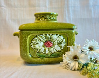 Vintage Japanese Soup Tureen With Lid, Olive Green Sunflower Ceramic, Mid Century Serving Dish, Made In Japan