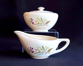 Knowles Chalet Cream and Sugar Set, Mid Century Floral China, Platinum Trim Creamer, Vintage Sugar Bowl with Lid, Cottage Style Table